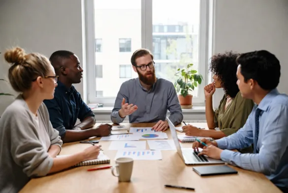 Diverse team of five colleagues in a bright office meeting, discussing projects around a wooden table with charts and laptop.