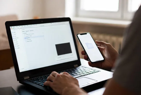 person sharing files between devices using laptop and smartphone
