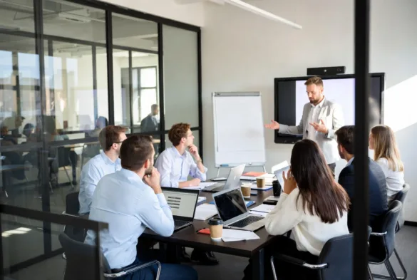 team discussing organizational change with mixed reactions in office