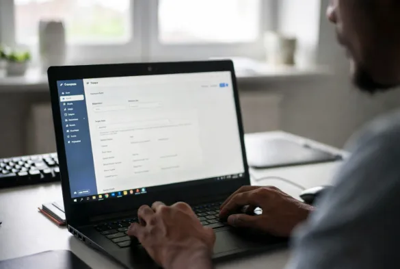 employee searching for information in knowledge base on laptop