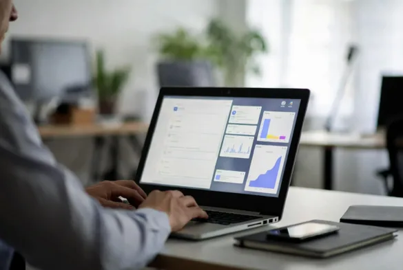 employee using AI productivity tools on laptop in office