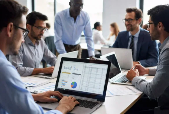 business team collaborating and analyzing shared data on laptop