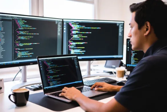 software developer managing code changes on multiple screens