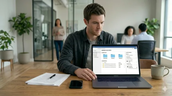 employee managing enterprise file sharing system on laptop