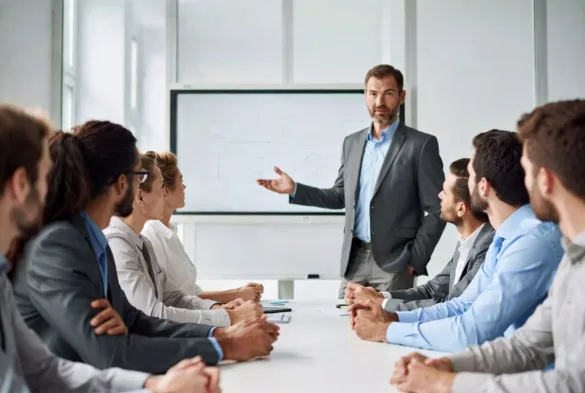 leader presenting organizational change to team in meeting