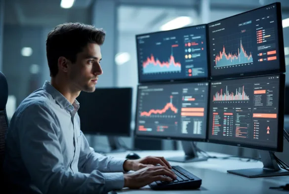 IT specialist responding to system incident alerts on multiple monitors